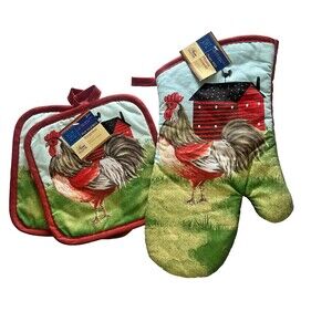 Rooster Chicken Oven Mitt Potholder Country Rustic Barn 100% Cotton Set of 3